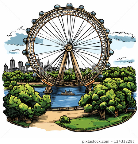 Vector comic hand-drawn illustration of London Eye. London Eye in London Vector comic hand-drawn illustration of London Eye. London Eye in London 124332295