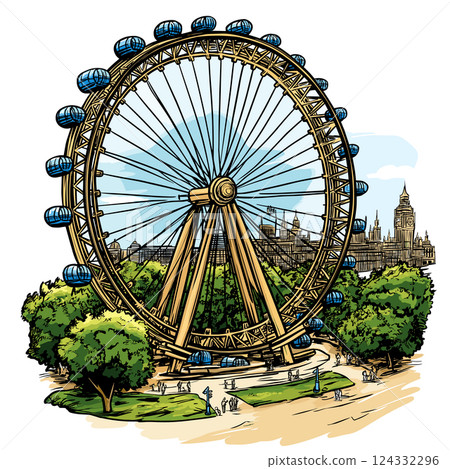 Vector comic hand-drawn illustration of London Eye. London Eye in London Vector comic hand-drawn illustration of London Eye. London Eye in London 124332296