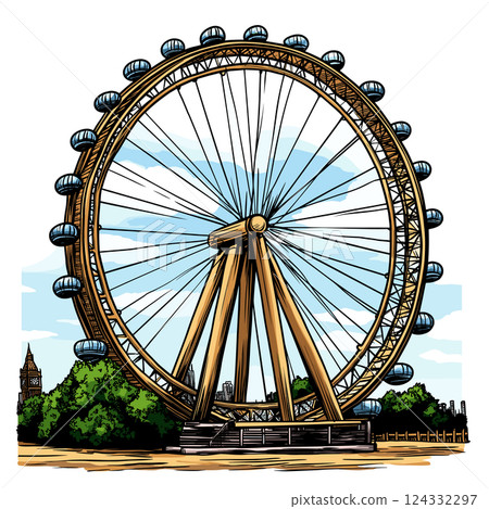 Vector comic hand-drawn illustration of London Eye. London Eye in London 124332297