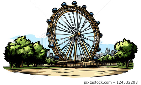 Vector comic hand-drawn illustration of London Eye. London Eye in London Vector comic hand-drawn illustration of London Eye. London Eye in London 124332298
