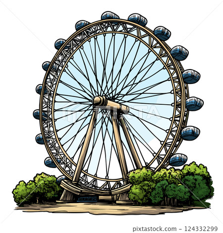Vector comic hand-drawn illustration of London Eye. London Eye in London Vector comic hand-drawn illustration of London Eye. London Eye in London 124332299