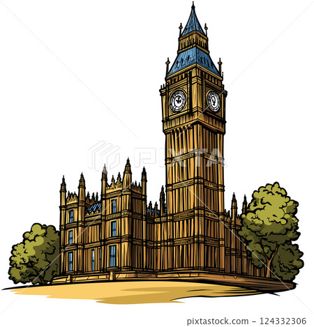 Vector comic hand-drawn illustration of Palace of Westminster. Palace of Westminster in London 124332306