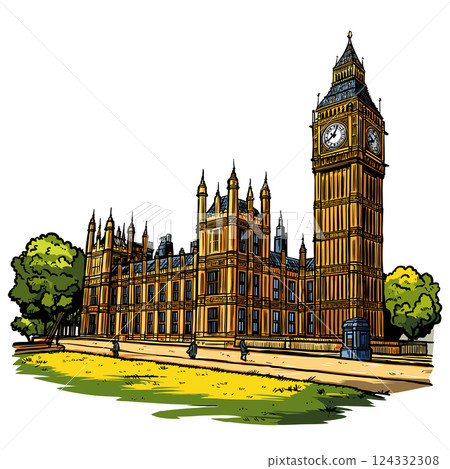Vector comic hand-drawn illustration of Palace of Westminster. Palace of Westminster in London 124332308
