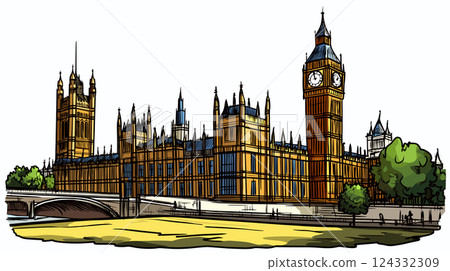 Vector comic hand-drawn illustration of Palace of Westminster. Palace of Westminster in London 124332309