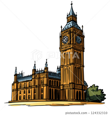 Vector comic hand-drawn illustration of Palace of Westminster. Palace of Westminster in London 124332310