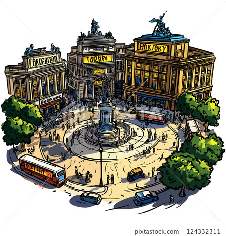 Vector comic hand-drawn illustration of Piccadilly Circus. Piccadilly Circus in London Vector comic hand-drawn illustration of Piccadilly Circus. Piccadilly Circus in London 124332311