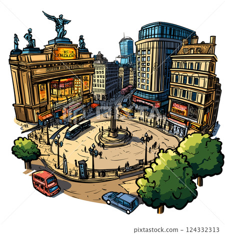 Vector comic hand-drawn illustration of Piccadilly Circus. Piccadilly Circus in London Vector comic hand-drawn illustration of Piccadilly Circus. Piccadilly Circus in London 124332313