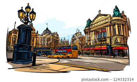 Vector comic hand-drawn illustration of Piccadilly Circus. Piccadilly Circus in London 124332314