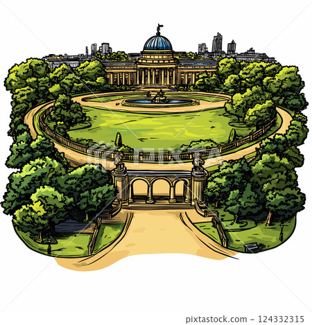 Vector comic hand-drawn illustration of Regents Park. Regent's Park in London Vector comic hand-drawn illustration of Regents Park. Regent's Park in London 124332315