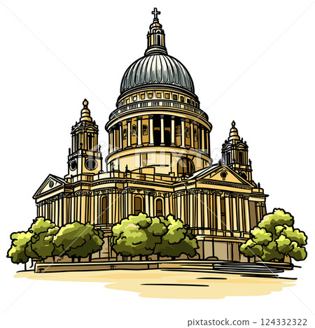 Vector comic hand-drawn illustration of Saint Pauls Cathedral. St. Paul's Cathedral in London Vector comic hand-drawn illustration of Saint Pauls Cathedral. St. Paul's Cathedral in London 124332322