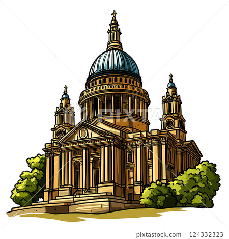 Vector comic hand-drawn illustration of Saint Pauls Cathedral. St. Paul's Cathedral in London 124332323