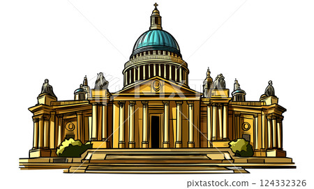 Vector comic hand-drawn illustration of Saint Pauls Cathedral. St. Paul's Cathedral in London Vector comic hand-drawn illustration of Saint Pauls Cathedral. St. Paul's Cathedral in London 124332326
