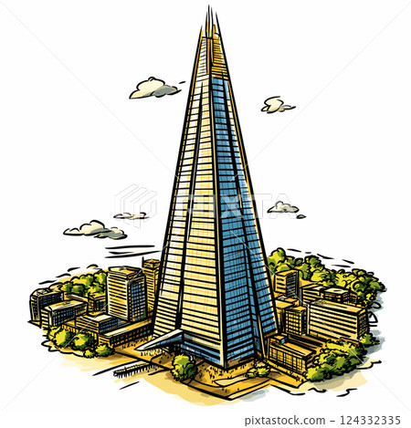 Vector comic hand-drawn illustration of The Shard skyscraper. The Shard skyscraper in London Vector comic hand-drawn illustration of The Shard skyscraper. The Shard skyscraper in London 124332335