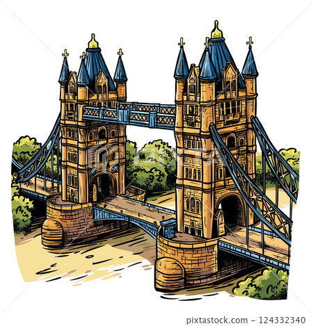 Vector comic hand-drawn illustration of Tower Brigde. Tower Brigde in London 124332340