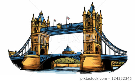 Vector comic hand-drawn illustration of Tower Brigde. Tower Brigde in London 124332345