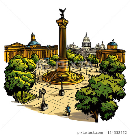 Vector comic hand-drawn illustration of Trafalgar Square. Trafalgar Square in London 124332352