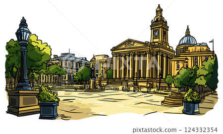 Vector comic hand-drawn illustration of Trafalgar Square. Trafalgar Square in London 124332354