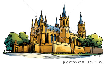 Vector comic hand-drawn illustration of Westminster Abbey. Westminster Abbey in London 124332355