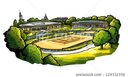Vector comic hand-drawn illustration of Wimbledon Tennis Complex. Wimbledon Tennis Complex in London Vector comic hand-drawn illustration of Wimbledon Tennis Complex. Wimbledon Tennis Complex in London 124332356