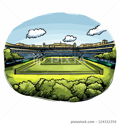 Vector comic hand-drawn illustration of Wimbledon Tennis Complex. Wimbledon Tennis Complex in London Vector comic hand-drawn illustration of Wimbledon Tennis Complex. Wimbledon Tennis Complex in London 124332359
