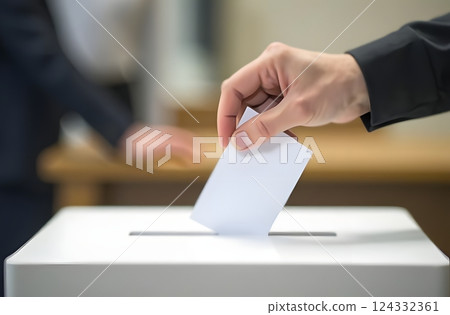 The hand of a man wearing a gray shirt puts a ballot paper into a cardboard voting box. Election concept 124332361
