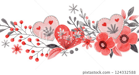 Seamless border with flower bouquet and heart in folk style. Stylized illustration in red and gray color for wedding invitation. Hand drawn composition is perfect for romantic and love card design. 124332588