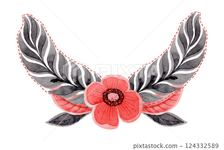 Half round composition with feather in folk style. Stylized illustration in red and gray colors for wedding invitation creating. Hand drawn arrangement is perfect for romantic and love designs. Half round composition with feather in folk style. Stylized illustration in red and gray colors for wedding invitation creating. Hand drawn arrangement is perfect for romantic and love designs. 124332589