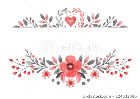 Horizontal border with flower and copy space in folk style. Stylized illustration in red and gray colors for wedding invitation. Hand drawn composition is perfect for romantic and love card design. 124332590