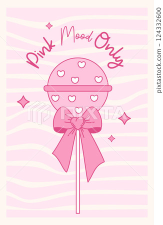 Vintage Pink Candy Lollipop with Coquette Ribbon Bow on Groovy Distorted Stripe Background. Romantic Girly Vibe. Vector illustration. Cute Trendy Aesthetic card with cool motivational quote Vintage Pink Candy Lollipop with Coquette Ribbon Bow on Groovy Distorted Stripe Background. Romantic Girly Vibe. Vector illustration. Cute Trendy Aesthetic card with cool motivational quote 124332600
