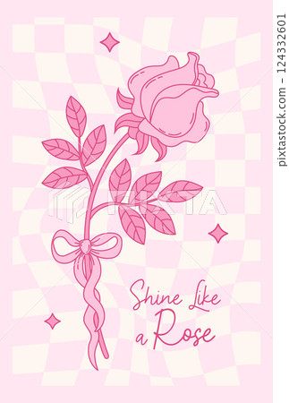 Vintage Pink Rose with Coquette Bow Ribbon on Groovy Retro Twisted Checkered Background. Romantic Girly Vibe. Vector illustration. Cute Trendy Aesthetic card with cool motivational quote 124332601