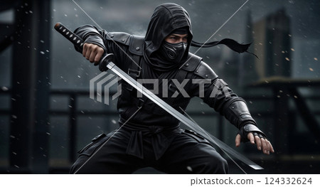 忍者在雪地廢墟中戰鬥 124332624