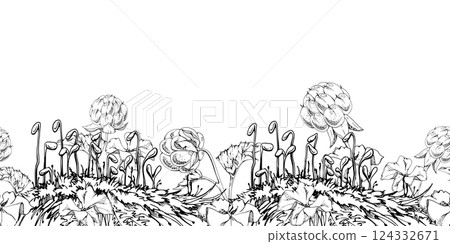 Cloudberry raspberry in moss grass, hand drawn vector ink, forest berry in group clusters on stems. Seamless banner garland illustration, for restaurant, dessert cafe menu, wedding, farmers market 124332671