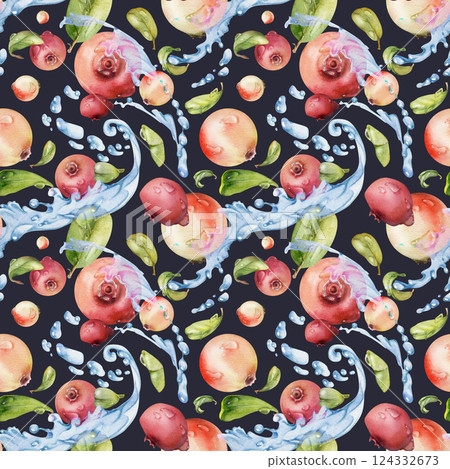 Cranberry lingonberry green leaves flying in water dew drops splash, ripe forest berry teaberry bearberry. Dark background seamless pattern, watercolor hand drawn. Textile, farmers market dessert menu 124332673