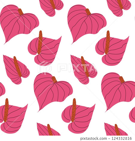 Seamless pattern with heart-shaped Anthurium. Bright botanical background with pink flowers and stamens. Simple vector illustration for fashion print, wallpaper, fabric, wrapping paper 124332816