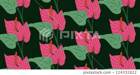 Seamless tropical pattern with Anthurium and green leaves. Elegant botanical dark background with pink flowers. Modern vector illustration for fashion print, wallpaper, fabric, wrapping paper Seamless tropical pattern with Anthurium and green leaves. Elegant botanical dark background with pink flowers. Modern vector illustration for fashion print, wallpaper, fabric, wrapping paper 124332822