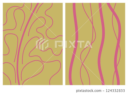 Set of wavy pink lines on green background. Abstract soft pink hand-drawn lines of floral and smooth shapes. Vector illustration. Artistic design for wallpaper, banner or placard 124332833
