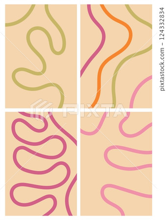 Set of smooth abstract organic lines. Chaotic green, pink and orange hand-drawn looping lines on pastel background. Artistic design for wallpaper, banner or placard. Vector illustration in flat style 124332834