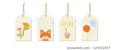 Set of gift tags with kawaii elements, flowers, fox, cupcake and balloons. Holidays templates of concept card for gifts, present box, package, shopping emblems. Vector illustration Set of gift tags with kawaii elements, flowers, fox, cupcake and balloons. Holidays templates of concept card for gifts, present box, package, shopping emblems. Vector illustration 124332837