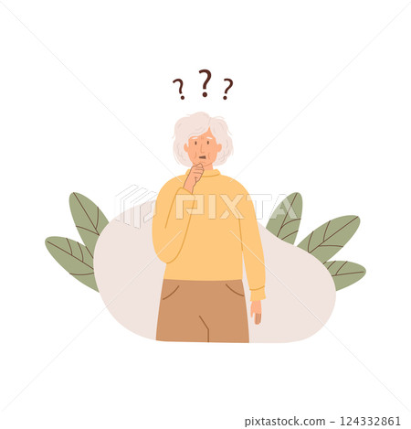 Elderly woman experiencing memory loss and confusion. Thoughtful old person with question mark. Dementia and Alzheimer concept. Flat Style Vector Illustration. 124332861