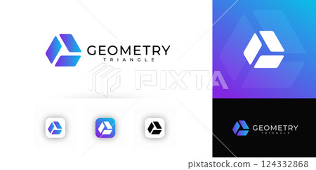 Geometric triangle logo with three abstract gradient parts forming modern tech union symbol. Futuristic digital identity for apps, branding, UI design. Flat minimal vector illustration 124332868