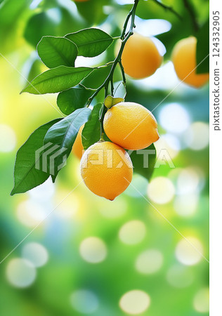Lemon tree branch with lemons hanging against green background. Bokeh effect. 124332905