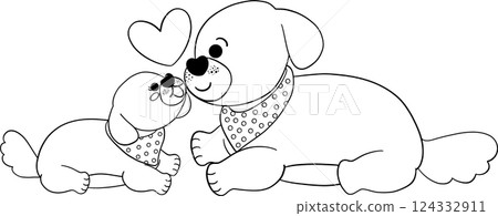 Father's Day Dog Dad and Baby Wear a scarf in flat design outline style 124332911