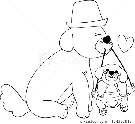 Father's Day Dog Dad Put on a hat and Baby in flat design outline style Father's Day Dog Dad Put on a hat and Baby in flat design outline style 124332912