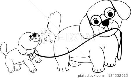 Father's Day Dog and Baby Father leads puppy in flat design outline style Father's Day Dog and Baby Father leads puppy in flat design outline style 124332913