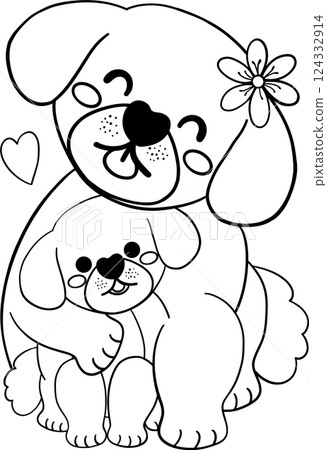 mother's day dog dad and cub cartoon in flat design outline style illustration of love and affection 124332914