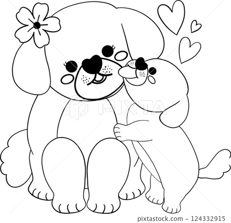 Mother's day dog and cub in flat cartoon outline style black and white illustration Mother's day dog and cub in flat cartoon outline style black and white illustration 124332915