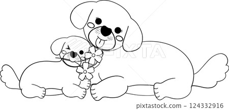 Mother's Day dog mom and Puppy holding a flower cartoon illustration in coloring page Mother's Day dog mom and Puppy holding a flower cartoon illustration in coloring page 124332916