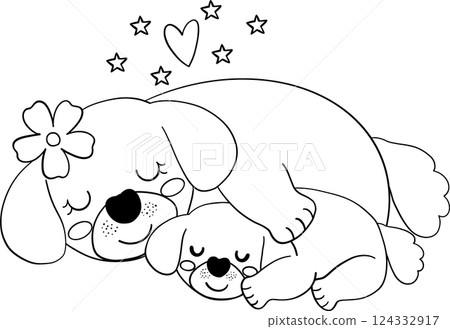 Mother's Day dog mom hugs her puppy cartoon illustration in flat design outline style Mother's Day dog mom hugs her puppy cartoon illustration in flat design outline style 124332917