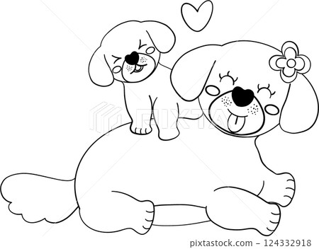 Mother's Day dog puppy rides on mother's back in flat design outline style Mother's Day dog puppy rides on mother's back in flat design outline style 124332918