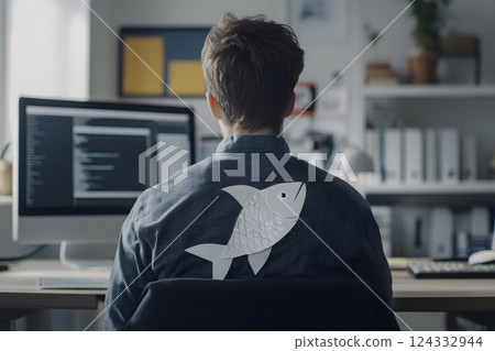 fish attached to the back of a man, generative AI 124332944